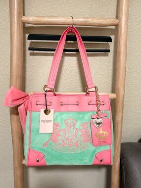 Juicy Couture Neon Pink Green Daydreamer Tote Bag Velour NWT Bow Charm